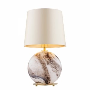 Alabastrowa lampa stołowa lampka nocna z dużym beżowym abażurem satyna biało-brązowy marmurek szkło HARLEM 8547 Argon 