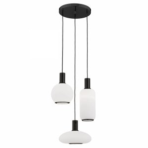 Potrójna lampa wisząca na okrągłej podsufitce różne wysokości szklane mleczne klosze czarna SAGUNTO PLUS 6323 Argon