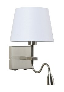 NIKLOWANY KINKIET HOTELOWY Z BIAŁYM ABAŻUREM ITALUX NORTE WL-1122-2-BL-SN-RO-WH NOWOCZESNY Z LAMPKĄ LED DO CZYTANIA