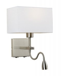 NIKLOWANY KINKIET HOTELOWY Z BIAŁYM ABAŻUREM ITALUX NORTE WL-1122-2-BL-SN-RC-WH NOWOCZESNY Z LAMPKĄ LED DO CZYTANIA
