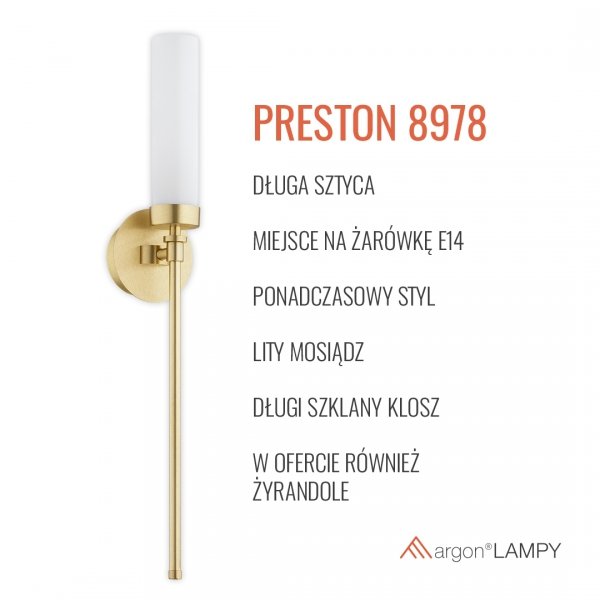 Kinkiet ścienny PRESTON 8978 Złoty Lity mosiądz mleczne szkło Glamour