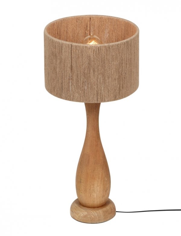 Naturalna lampa stołowa Trio TOBA 567200130 z drewnianą podstawą i plecionym kloszem z juty, styl boho na stolik nocny.