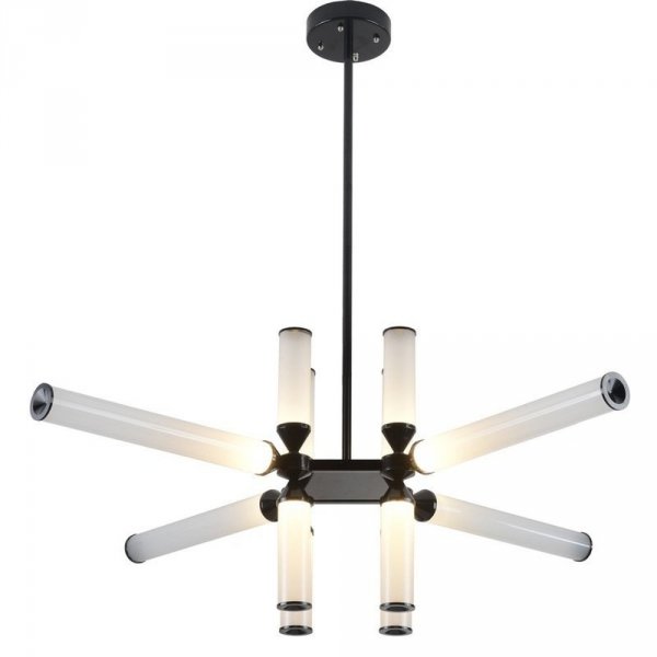 Duża, geometryczna lampa wisząca LED w kolorze czarnego połysku z białymi elementami, seria Quadro, model RH115-12P.