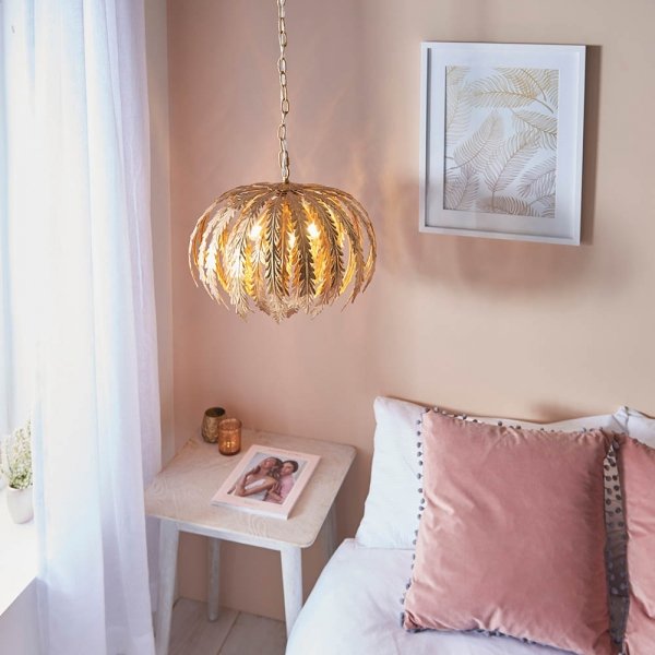 Lampa wisząca złota metalowa okrągła liściasta artdeco designerska nowoczesna dekoracyjna salonowa Delphine 76360 ENDON