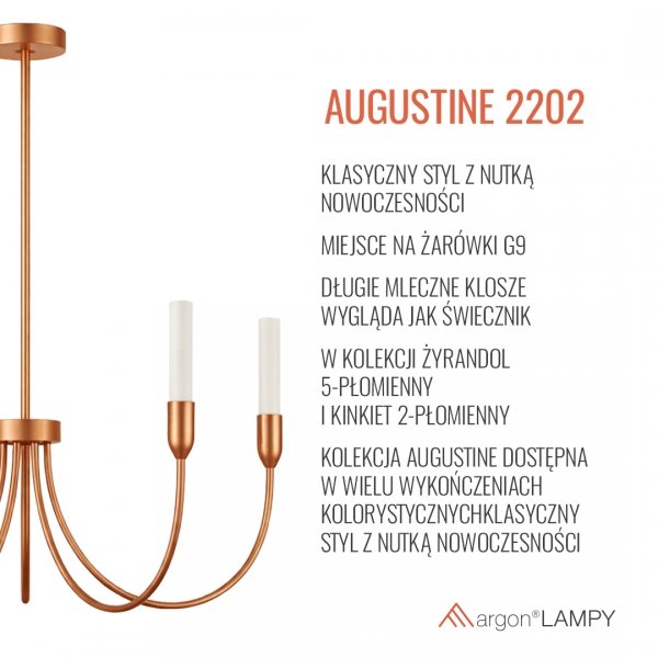 Rozłożysty żyrandol 5-płomienny miedziany świecznikowy minimalistyczny klasyczny AUGUSTINE 2202 Argon