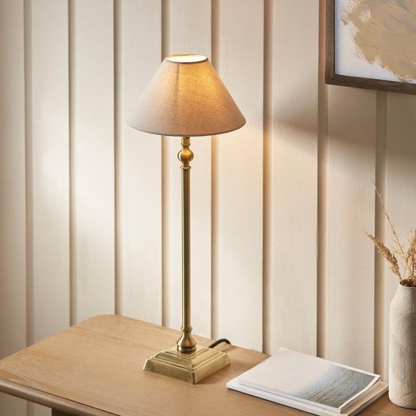 Klasyczna lampka stołowa nocna abażurowa lniana mosiężna minimalistyczna uniwersalna Lille 118122 ENDON