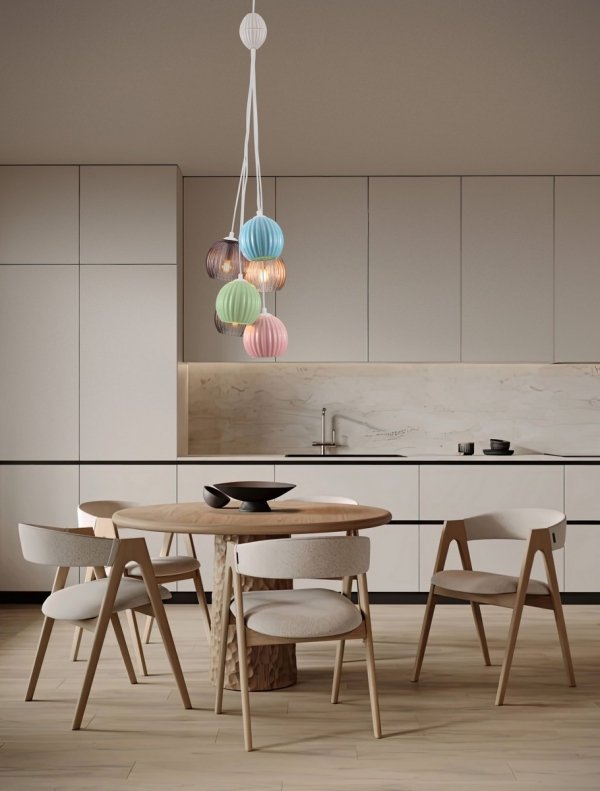 Lampa wisząca 6 źródeł światła szklane okrągłe klosze nowoczesna designerska wielokolorowa możliwość ściemniania LOREVIO LE45259 Luces Exclusivas
