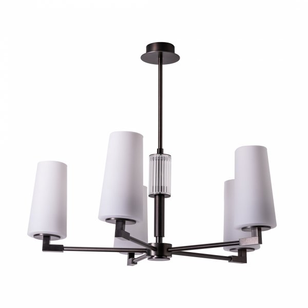 Trzypłomienna lampa wisząca 1246 VINCENZA w kolorze ciemnego tytanu z białymi, kulistymi kloszami ze szkła na giętych ramionach.