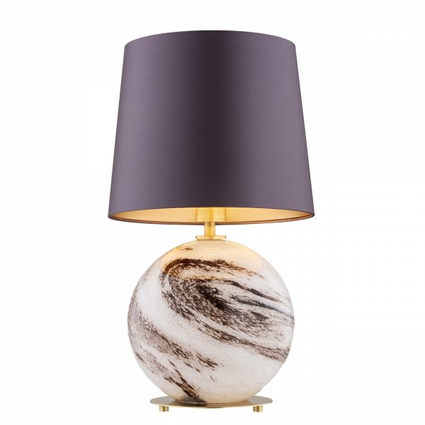 Alabastrowa lampa stołowa lampka nocna z dużym abażurem śliwkowym satyna biało-brązowy marmurek szkło HARLEM 8548 Argon