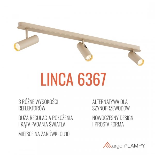 Lampa sufitowa liniowa z 3 reflektorami regulowana beżowa minimalistyczna uniwersalna LINCA 6367 Argon