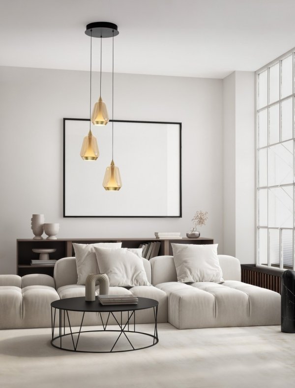 Nowoczesna lampa wisząca LED potrójna owalna złoty szklany klosz uniwersalna klasyczna możliwość ściemniania RORIZNO LE45113 Luces Exclusivas
