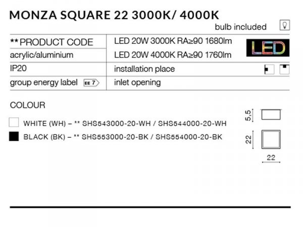 AZZARDO LAMPA SUFITOWA PLAFON SPOT MONZA S 22 SHS543000-20-WH