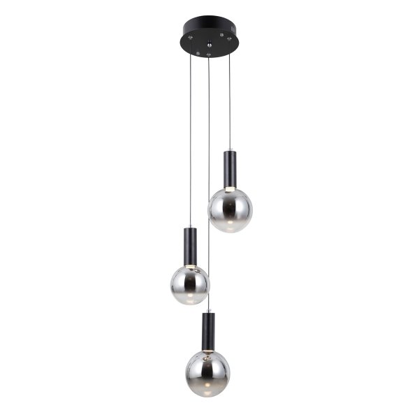 Czarna szklana lampa wisząca okrągłe klosze kule szklane przyciemnione szare Strela Italux PND-34378-3S-BK