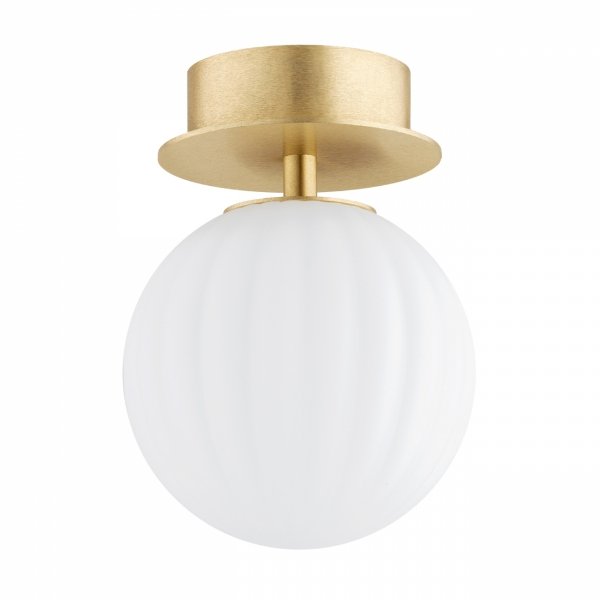 Minimalistyczny kinkiet plafon biała kula opal mat 12cm ryflowane mleczne szkło złota podsufitka szczotkowany mosiądz PALOMA 8504 Argon