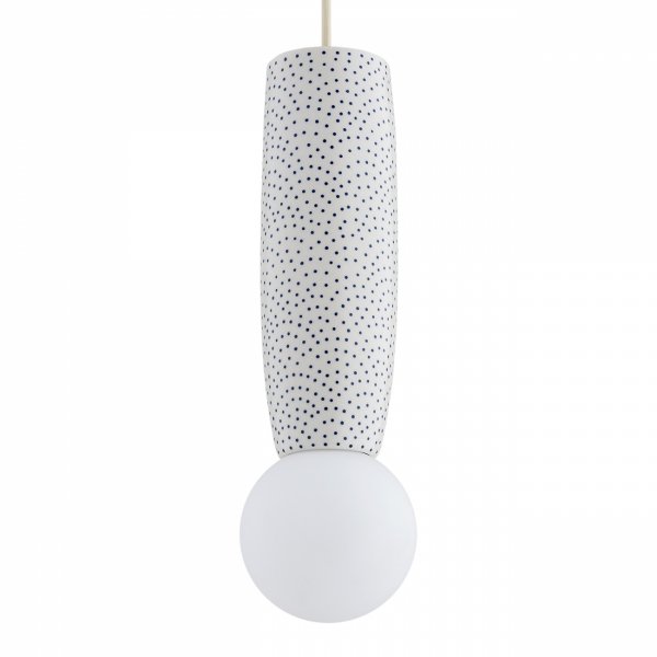 Lampa wisząca ceramika Bolesławiec biała w kropki ręcznie zdobiona designerska wyjątkowa podłużna BOLL 8938 Argon x Manufaktura w Bolesławcu 