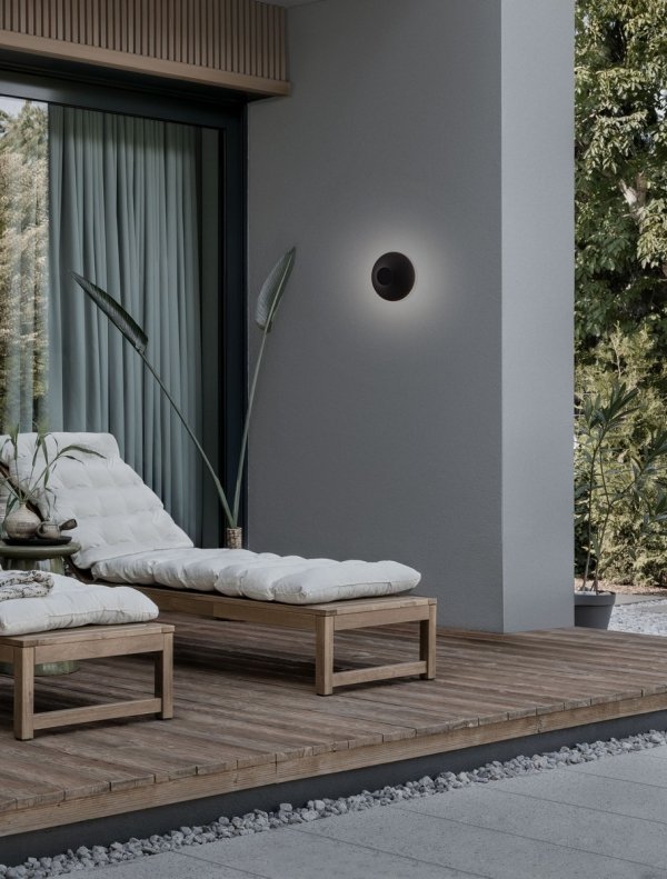 Minimalistyczny kinkiet zewnętrzny LED czarny aluminiowy okrągły podświetlający elewację klasyczny nowoczesny IP54 QUERILO LE75185 Luces Exclusivas