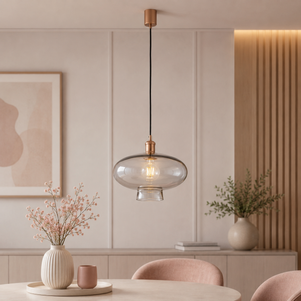 Szklana lampa wisząca TRESCO 8981 Argon Dymione Szkło Miedziane detale