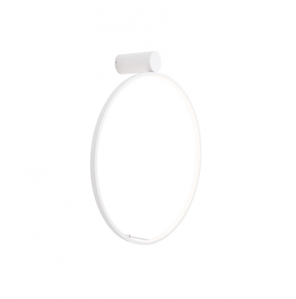 Nowoczesna, minimalistyczna łazienka z jasnymi płytkami. Okrągły kinkiet Maxlight Visual o średnicy 60 cm zamontowany jest na ścianie tuż obok lub nad dużym lustrem. Świeci miękkim, ciepłym światłem (3000K), tworząc wokół siebie świetlistą aurę. Aluminiow