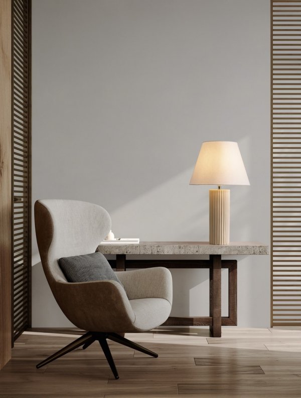 Lampka stołowa nocna podstawa z kamienia przegrzebkowego tkaninowy biały abażur boho rustykalna industrialna VANZURO LE45283 Luces Exclusivas