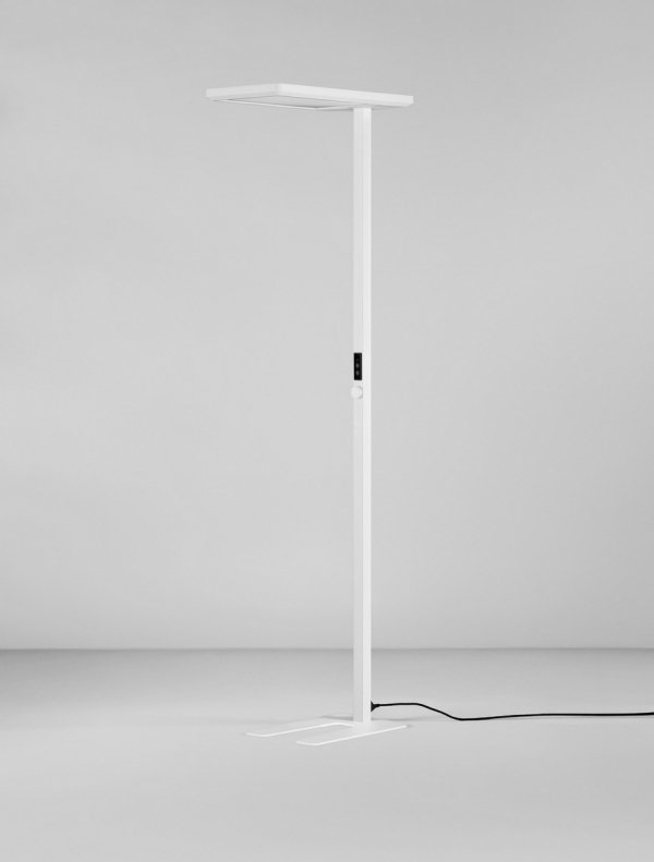 Lampa podłogowa biurowa aluminiowa biała LED minimalistyczna uniwersalna możliwość ściemniania czujnik obecności CENZIRA LE45413 Luces Exclusivas