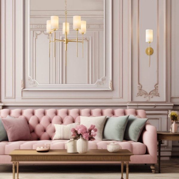 Lampa wisząca metalowa złota 5-płomienna elegancka klasyczna minimalistyczna tkaninowy biały abażur DARLING ST-9501-5 GOLD Step Into Design