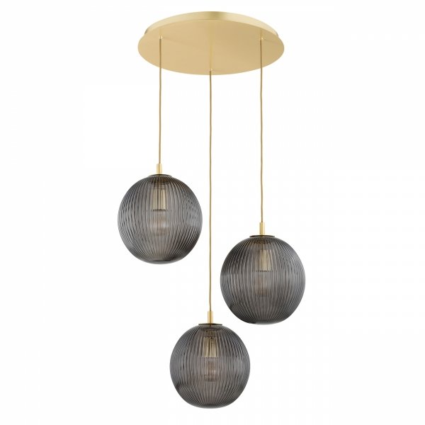 Lampa wisząca złoto mosiądz 3 płomienna ciemne dymne kule szkło ryflowane na okrągłej podsufitce PALOMA 6309 Argon