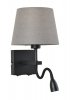 CZARNY KINKIET HOTELOWY Z SZARYM ABAŻUREM ITALUX NORTE WL-1122-2-BL-BM-RO-G<br />R NOWOCZESNY Z LAMPKĄ LED DO CZYTANIA 