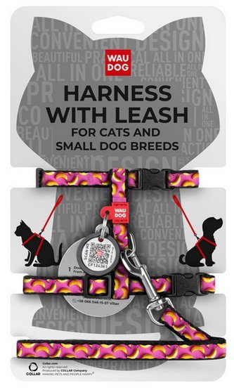 Collar WauDog Nylon Szelki se smyczą nylonowe anatomiczne w kształcie litery H, z QR-paszportem, plastikowy fastex, wzór BANANY NA RÓŻU, rozmiar XS