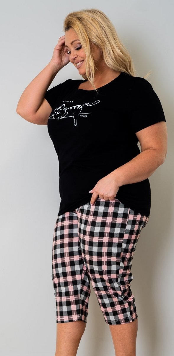 MUZZY Piżama damska KOTEK krótki rękaw i spodnie za kolano R: