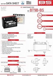 BS AKUMULATOR BT9B-BS (YT9B-BS) 12V 8AH 150X70X105 BEZOBSŁUGOWY - ELEKTROLIT OSOBNO (120A) (6) UE2019/1148