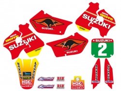 TECNOSEL (BLACKBIRD) KOMPLET NAKLEJEK (OKLEIN) + POKROWIEC/POSZYCIE NA SIEDZENIE SUZUKI RM 125/250 96-98, REPLICA TEAM SUZUKI 98