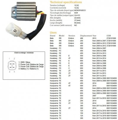 DZE REGULATOR NAPIĘCIA KTM EXC 125/200/250/300/400/525/530 98-13; XC-W 250/450/525 07-08; HUSQVARNA TE/TX/FE/FC/FS 125/250/300/4
