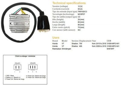 DZE REGULATOR NAPIĘCIA HONDA VT 750C SHADOW 10-18 (31600-MFE-641) (50A) (MOSFET)
