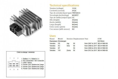 DZE REGULATOR NAPIĘCIA YAMAHA CE 50 JOG 07-17; XC 50 VINO 08-14; XF 50 06-14; YW 50 ZUMA 12-17 (3B3-H1960-00) MOFSET (35A)