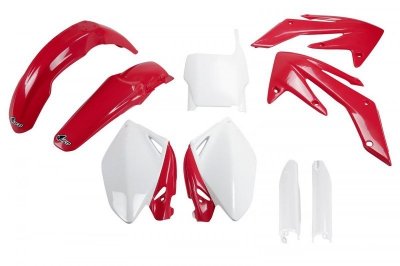 UFO KOMPLET PLASTIKÓW (FULL KIT) Z OSŁONAMI TELESKOPÓW (AMORTYZATORÓW) HONDA CRF 250R 06-07 KOLOR OEM (CZERWONY/BIAŁY) (HO105E99
