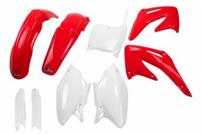 UFO KOMPLET PLASTIKÓW (FULL KIT) Z OSŁONAMI TELESKOPÓW (AMORTYZATORÓW) HONDA CRF 450 R 02-03 KOLOR OEM (CZERWONY/BIAŁY) (HO106E9