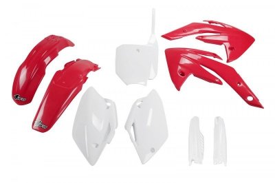UFO KOMPLET PLASTIKÓW (FULL KIT) Z OSŁONAMI TELESKOPÓW (AMORTYZATORÓW) HONDA CRF 150 07-17 KOLOR OEM (CZERWONY/BIAŁY) (HO111E999