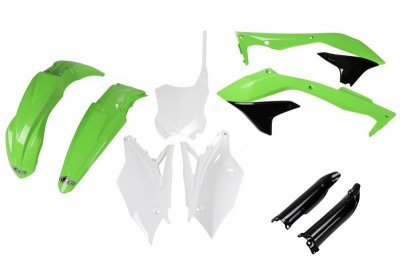 UFO KOMPLET PLASTIKÓW (FULL KIT) Z OSŁONAMI TELESKOPÓW (AMORTYZATORÓW) KAWASAKI KXF 450 16-17 KOLOR OEM (ZIELONY/BIAŁY/CZARNY) (