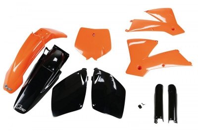 UFO KOMPLET PLASTIKÓW (FULL KIT) Z OSŁONAMI TELESKOPÓW (AMORTYZATORÓW) KTM SX-SXF 01-02 KOLOR OEM (POMARAŃCZOWY/CZARNY) (KT501E9