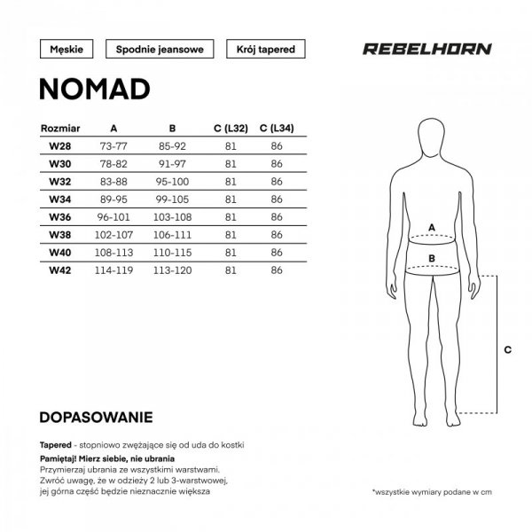 JEANSY MOTOCYKLOWE REBELHORN NOMAD TAPERED FIT WASHED BLUE 28/32