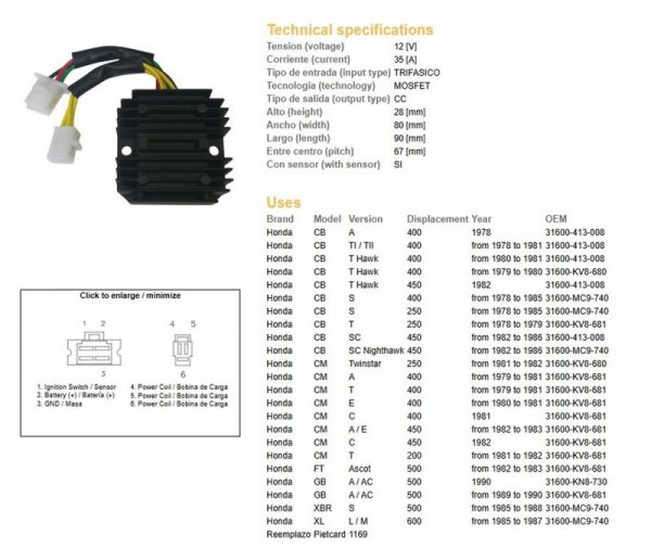 DZE REGULATOR NAPIĘCIA HONDA CB 250/400/450; CX 500; GL500; XL600/LM; XBR 500 (31600-413-008, 31600-MC9-740) (35A) (ESR180)