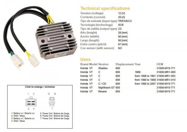 DZE REGULATOR NAPIĘCIA HONDA VT 600C SHADOW 88-07; NTV 650 REVERE (OEM-31600-MY0-771) (ESR250, RGU-115)