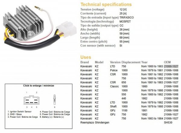 DZE REGULATOR NAPIĘCIA KAWASAKI KZ 550/650/750/1000 (ESR370,SH530-12K,21066-1008,RGU-406)