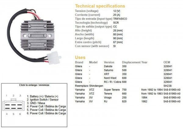 DZE REGULATOR NAPIĘCIA YAMAHA XTZ 660 92-93, XTZ 750 92-94, XV 250 VIRAGO 94; GILERA DAKOTA/SATURNO/XRT/NORD WEST/ RC/R/COBRA (2