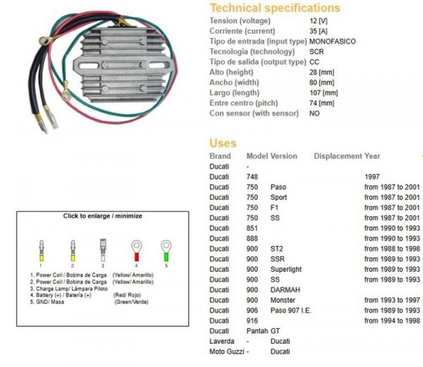 DZE REGULATOR NAPIĘCIA DUCATI 748/750/851/888/900/906/916 87-01 (JEDNOFAZOWY, 35A) (ESR510;ESR515)