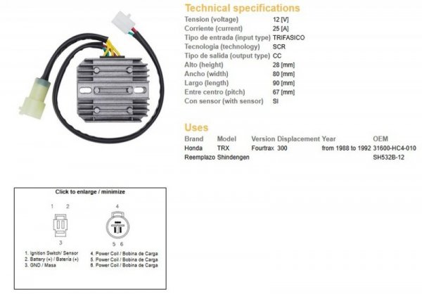 DZE REGULATOR NAPIĘCIA HONDA TRX 300 FOURTRAX 88-92 (SH532B-12) (31600-HC4-010) (ESR125)