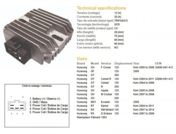DZE REGULATOR NAPIĘCIA HYOSUNG GA/GF/GT/GV/RX 125 04-11 (32800-H01-413) (12V/25A)