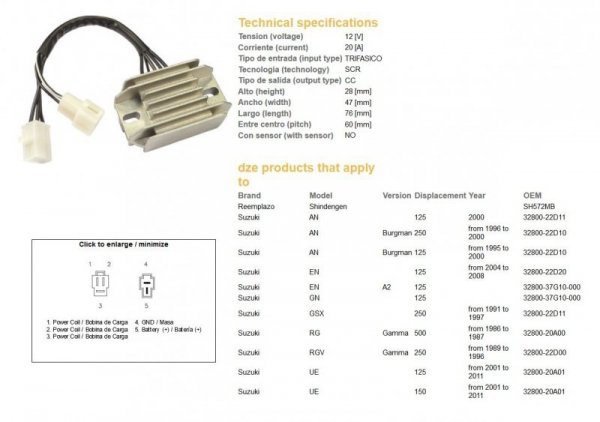 DZE REGULATOR NAPIĘCIA SUZUKI AN 125/250 BURGMAN 95-00; EN 125; GN 125; UE 125/150 01-11 (32800-22D11, 32800-22D10, 32800-37G10-