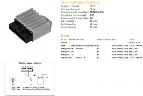 DZE REGULATOR NAPIĘCIA YAMAHA DT 50 03-06; MALAGUTI 50 03-06; MBK 50 03-06; DUCATI (1D4-H3598-00)