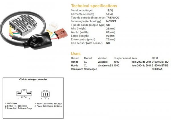 DZE REGULATOR NAPIĘCIA HONDA XL 1000V VARADERO 03-11 (31600-MBT-D21) MOSFET (50A) (FH008AA)